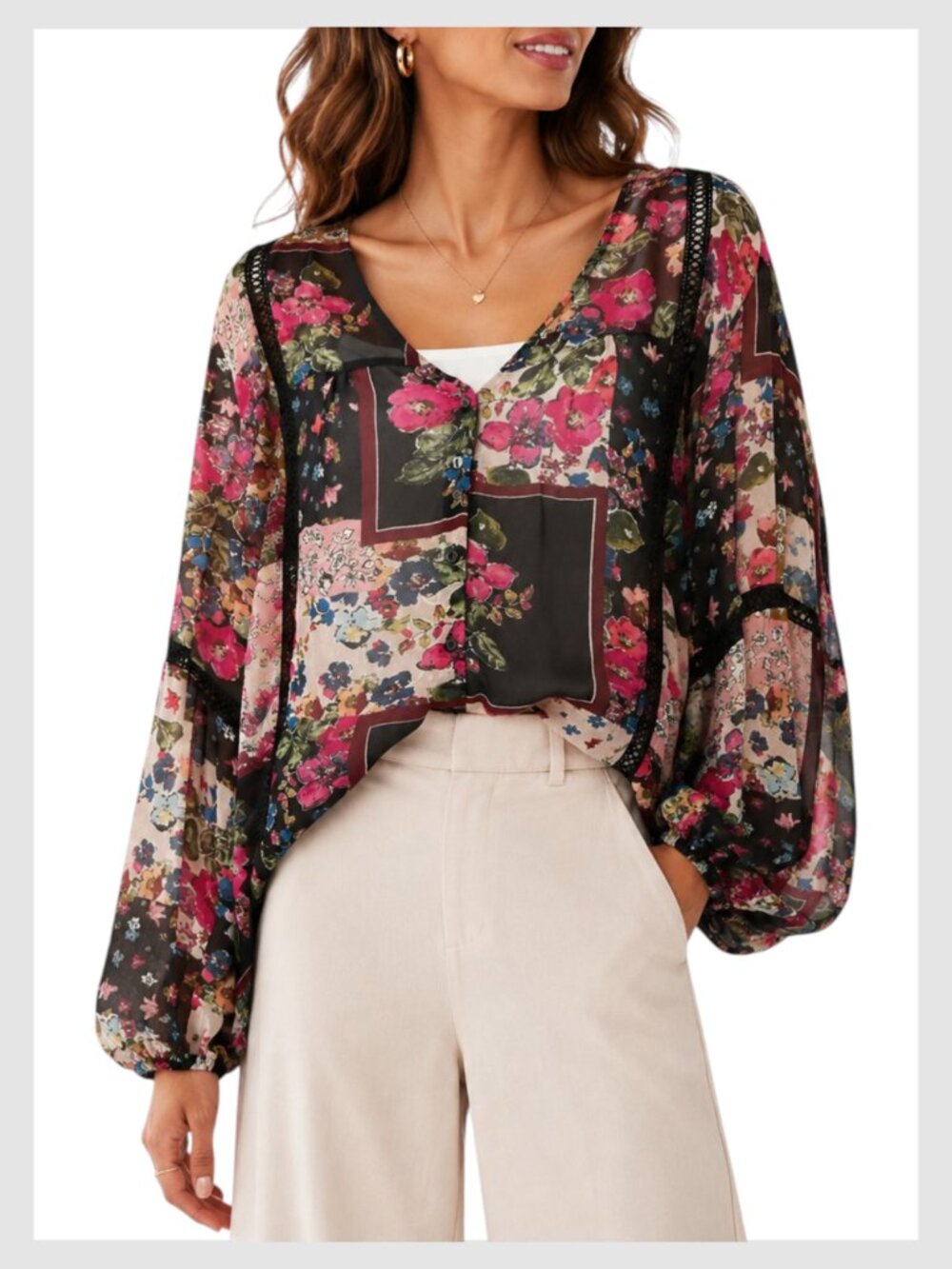 Johnny Was Jade Blouse Black Floral Patchwork Lace Trim M
